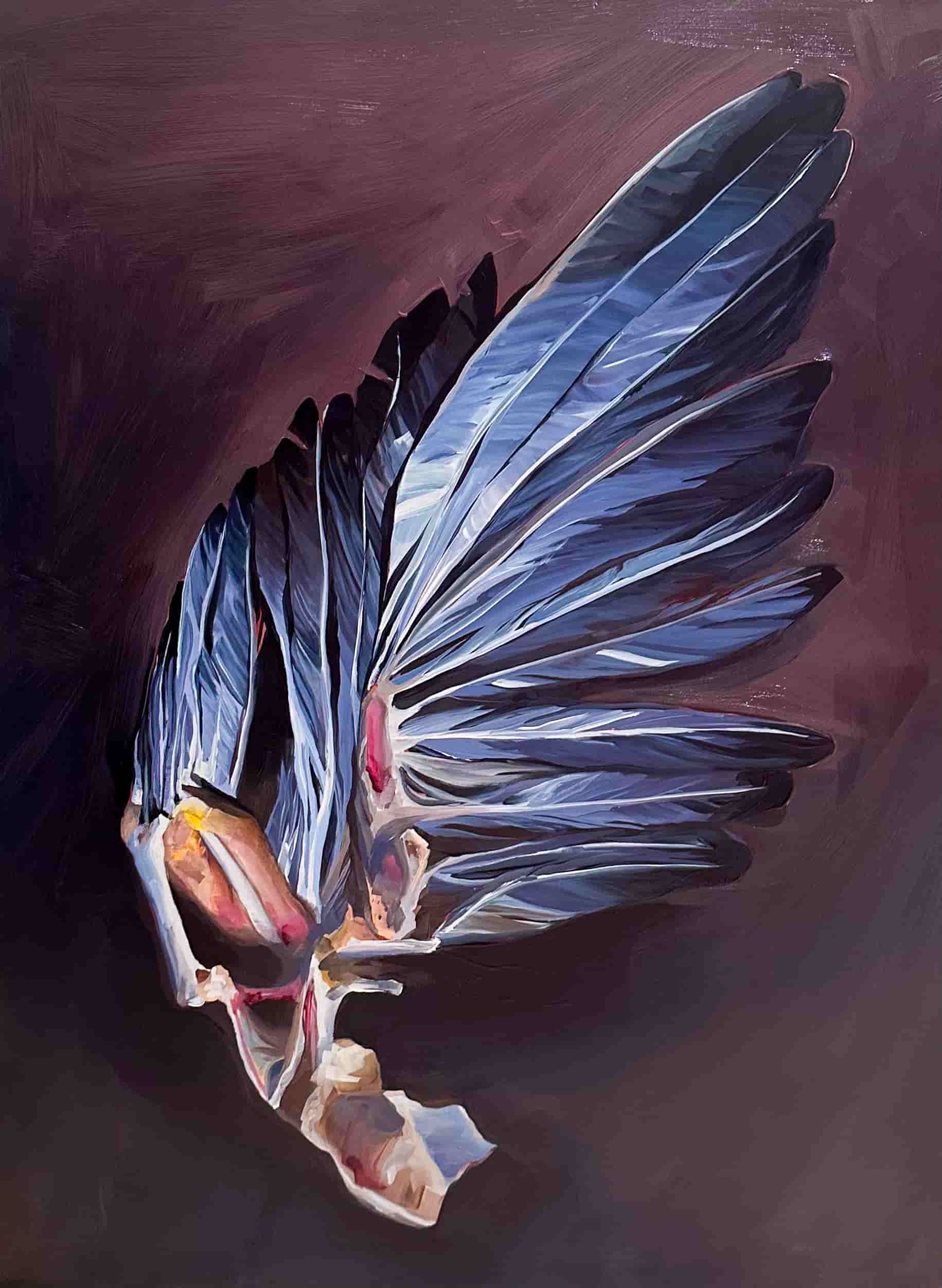a painterly depiction of a feather, broken off from a bird, with gestural brushs strokes and muted colors.