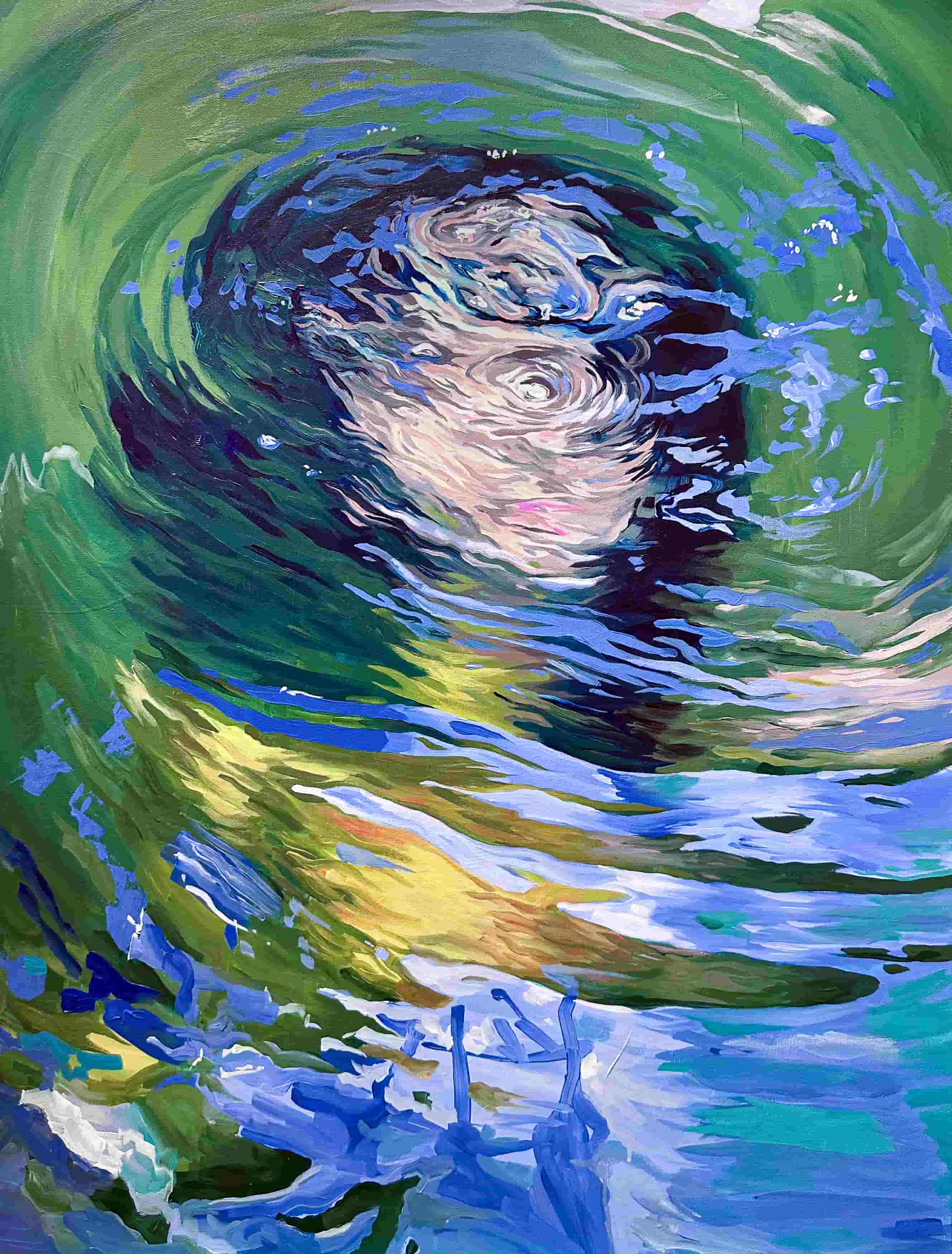 an abstract portrait of a woman whose face is obscured by ripples on the surface of water.