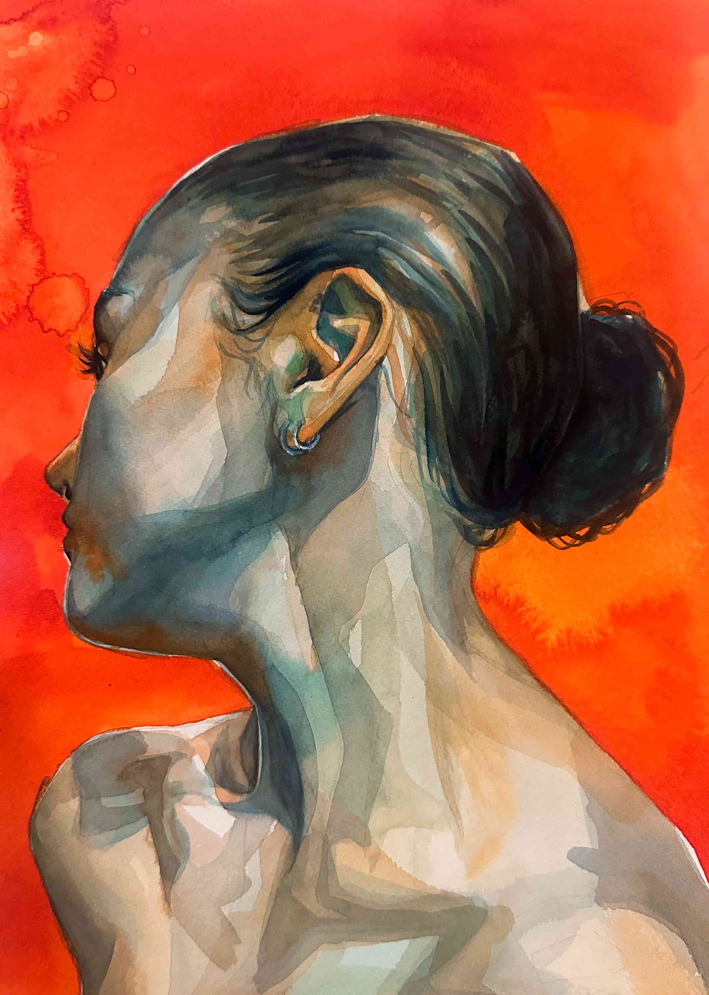 Portrait of the back of a young woman's head, with a vibrant orange background.
