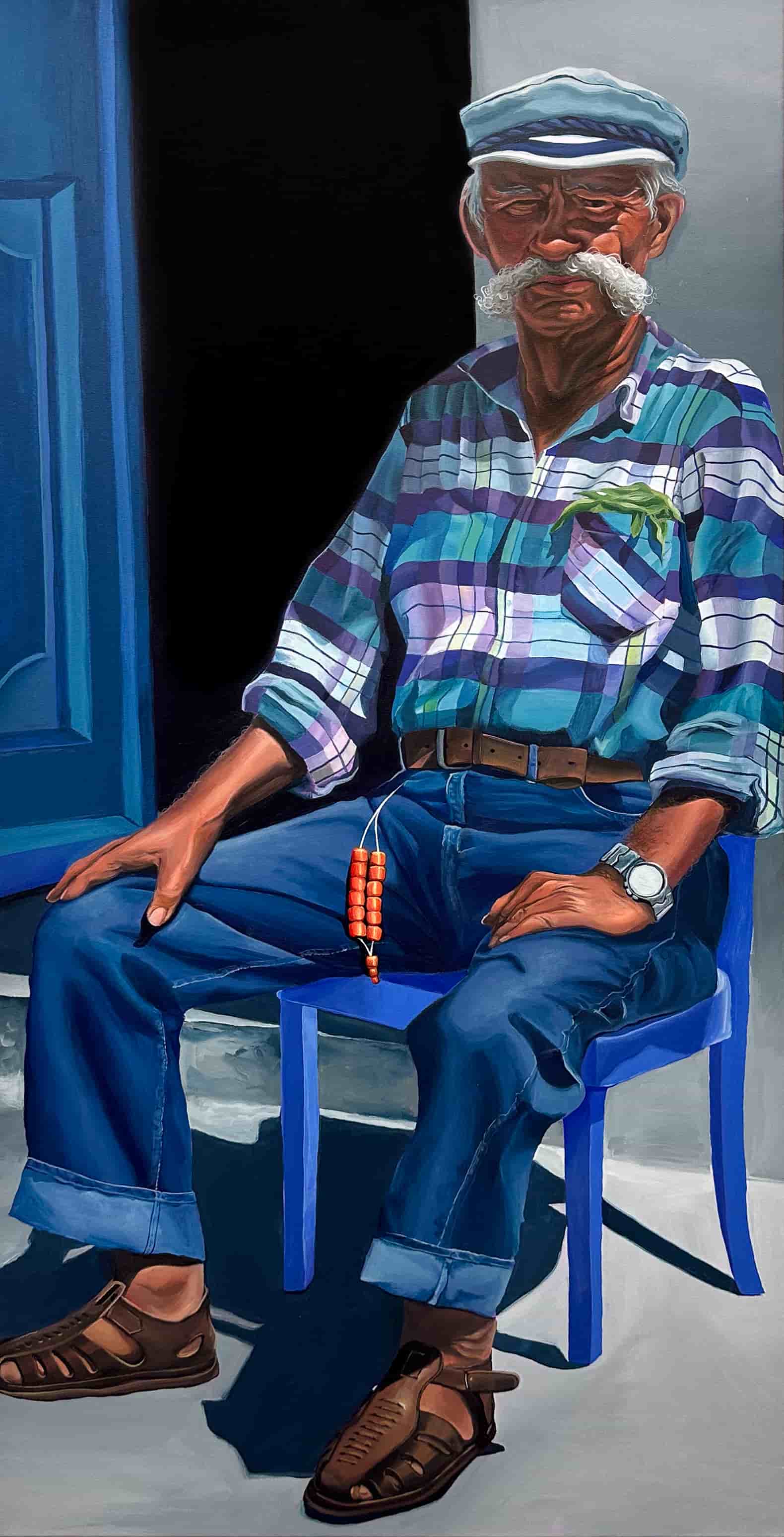 A portrait of an old man, a fisherman, sitting in front of a doorway.