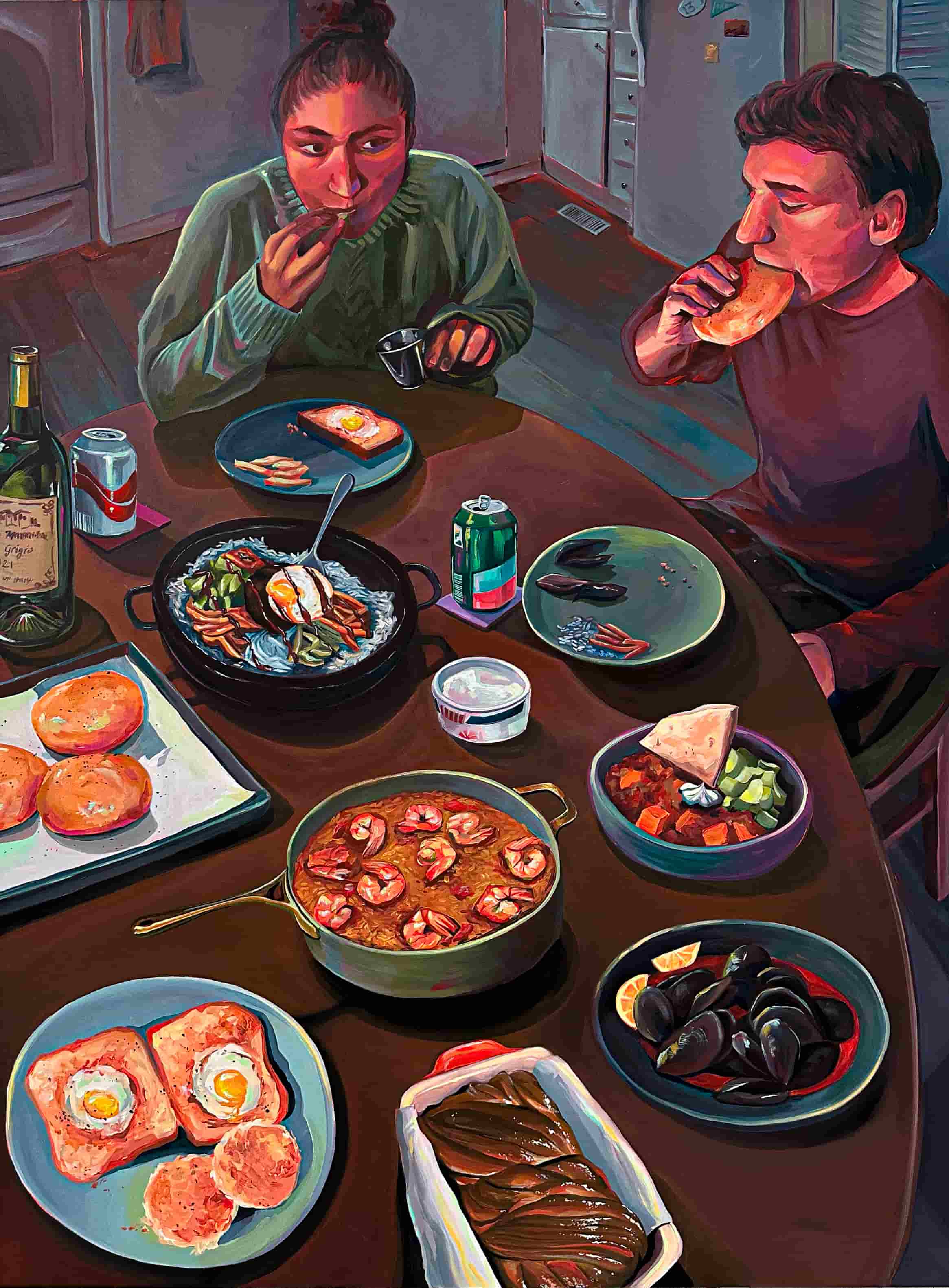 a portrait of a young adult couple enjoying a wide array of different foods