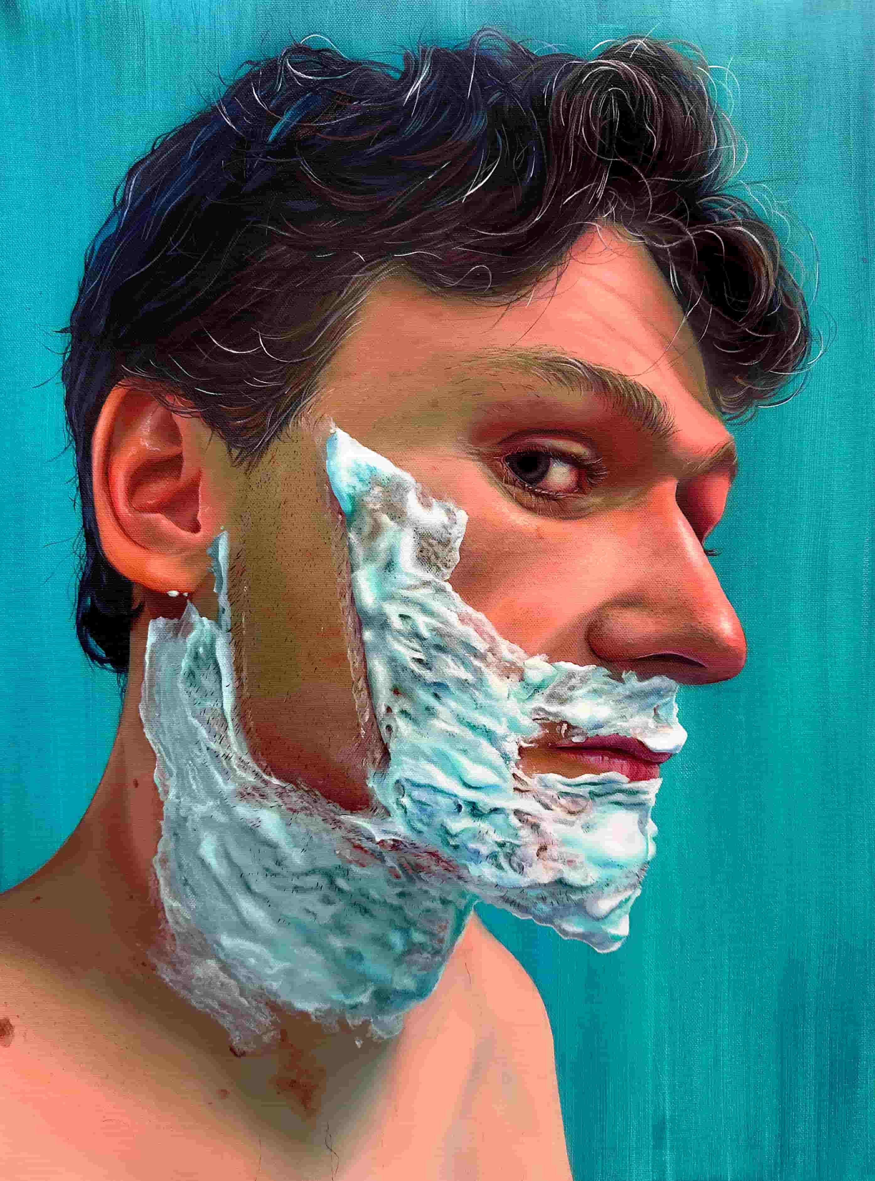 a photorealistic portrait of a young adult mail, in the act of shaving his face.