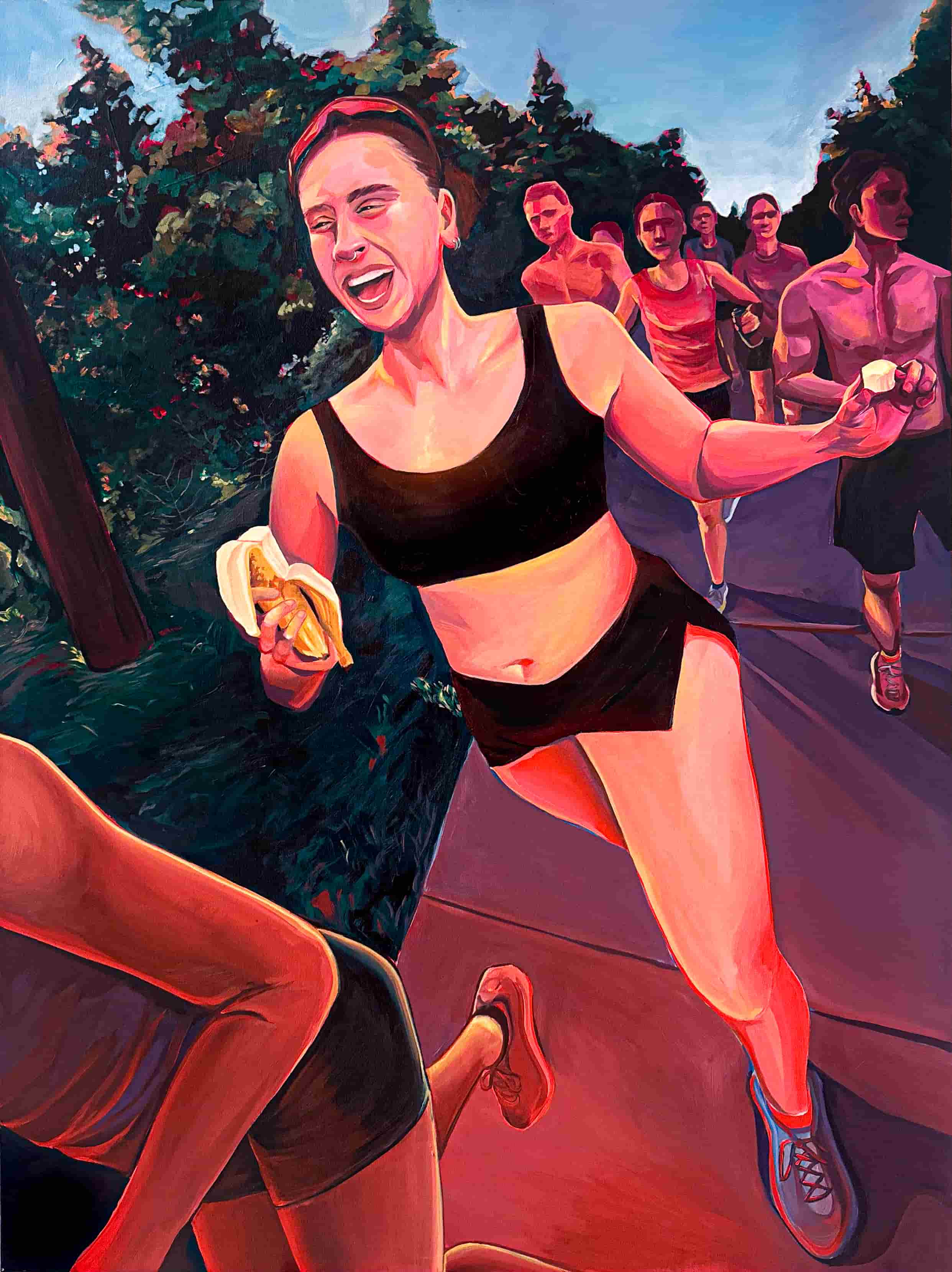 Olivia runs with a group of others, banana in hand, among an apocolyptic color scheme.