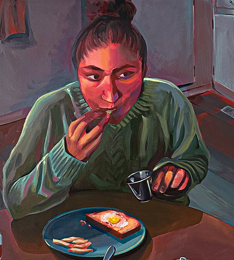 an acrylic self portrait of olivia and her partner eating dinner together